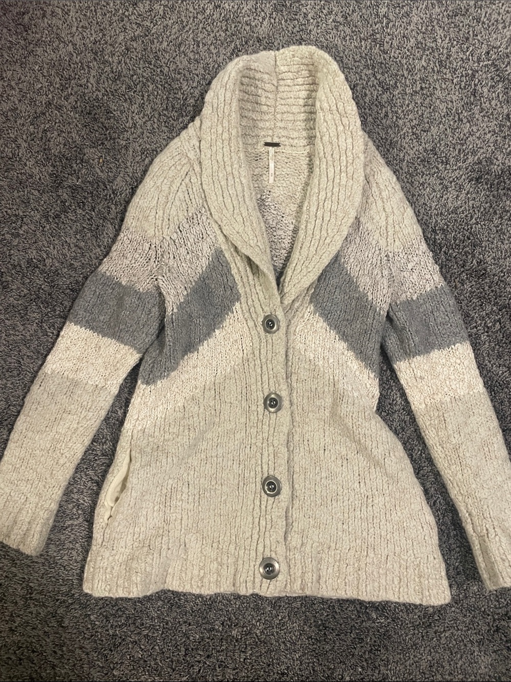 Free People Cozy Shawl-Collar Button Cardigan Sweater - Light Gray Chevron